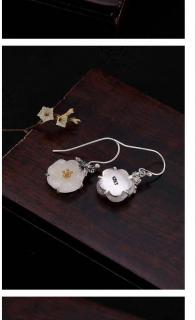s925真银耳钩复古镶嵌和田玉白玉梅花蝴蝶耳坠女士耳钉耳环
