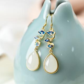 酷奇象 925银耳坠女气质长款和田玉镶嵌珐琅彩水滴