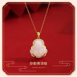 珍尚银和田玉佛公吊坠纯银女银镶玉弥勒佛项链送女友七夕情人节生日礼