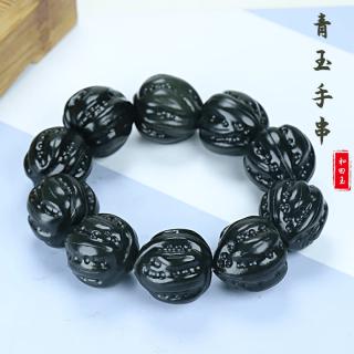 晶之雪新疆和田玉青玉核桃手串圆珠墨玉手链手镯文玩男士送礼手把件