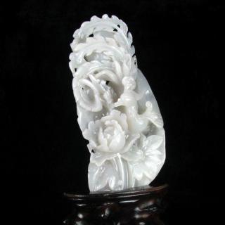 新疆和田玉白玉精雕 丹凤朝阳 摆件